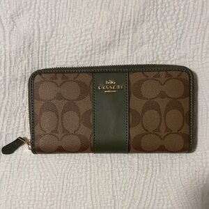 Coach Brown Signature Wallet with Olive Green Stripe
